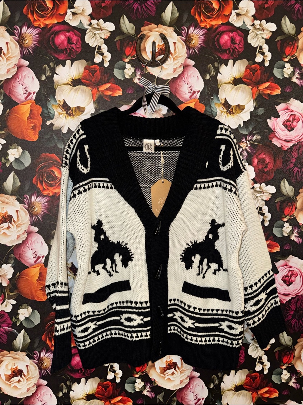 NWT Black & White Western Horse Knit Cardigan - Cozy Button-Front Sweater, S/M